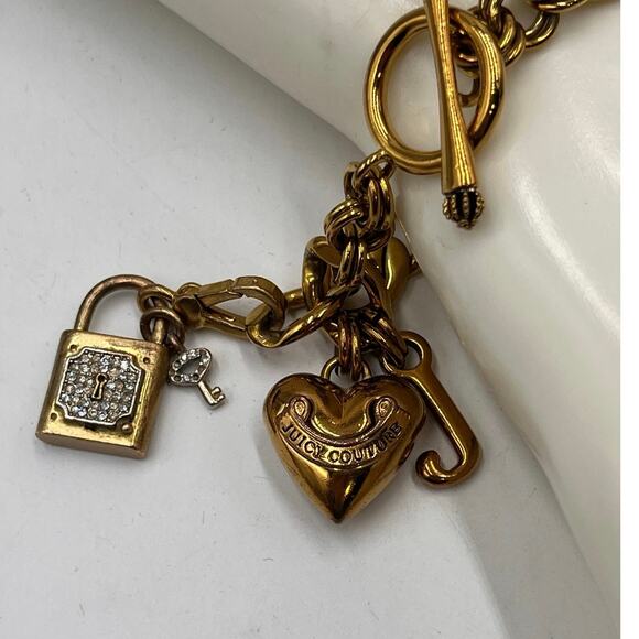 Juicy Couture Gold Tone Pave Padlock With Key Puff 3D Heart and J Charm Bracelet - Picture 6 of 8